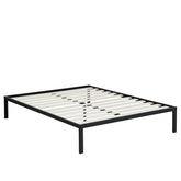 A black metal bed frame featuring slats, designed for support and style in a modern bedroom setting.